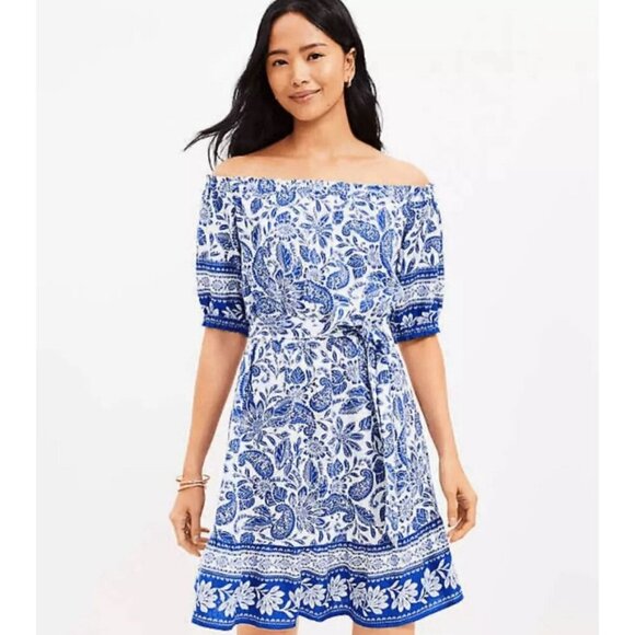 LOFT Paisley Ruffle Off The Shoulder Dress Cobalt Blue White Linen Blend Medium - Picture 1 of 10